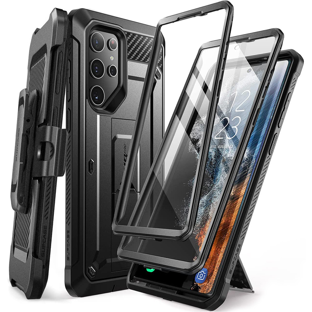 Etui pancerne z osłoną na ekran, z wbudowaną podstawką i kaburą z klipsem obrotowym Supcase Unicorn Beetle Pro do Galaxy S22 Ultra